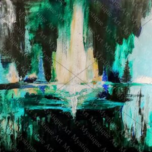 waterfall art. nature art. blue green painting. blue green art. nature art print. oil painting print. abstract oil painting. cavern painting. cavern art. waterfall painting. abstract art print. fine art print. surreal landscape. surrealistic art. abstract landscape.