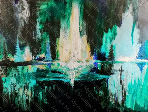 waterfall art. nature art. blue green painting. blue green art. nature art print. oil painting print. abstract oil painting. cavern painting. cavern art. waterfall painting. abstract art print. fine art print. surreal landscape. surrealistic art. abstract landscape.
